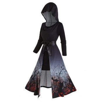 Halloween Bat Tree Branches Print High Slit Long Hooded Dress And Lace Panel Long Sleeve Mini Tee Dress Two Piece Set, Dark gray
Halloween Bat Tree Branches Print High Slit Long Hooded Dress And Lace Panel Long Sleeve Mini Tee Dress Two Piece Set, Dark gray