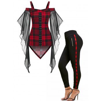 Cold Shoulder Plaid Hook and Eye Butterfly Sleeve T Shirt And Plaid Trim Zipper Detail Pants Casual Outfit, Multicolor
Cold Shoulder Plaid Hook and Eye Butterfly Sleeve T Shirt And Plaid Trim Zipper Detail Pants Casual Outfit, Multicolor