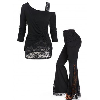 Flower Lace Panel Skew Neck Mock Button Ruched T Shirt And Skirted Flare Pants Casual Outfit, Black
Flower Lace Panel Skew Neck Mock Button Ruched T Shirt And Skirted Flare Pants Casual Outfit, Black