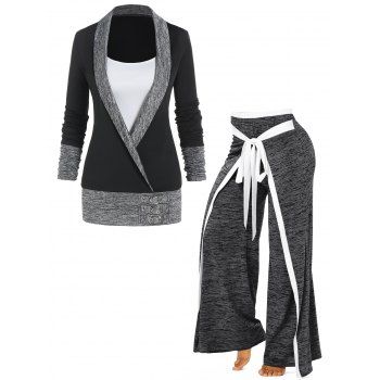 Space Dye Knitted Colorblock Long Sleeve Faux Twinset T Shirt And Faux Bowknot Belt Wide Leg Pants Outfit, Multicolor
Space Dye Knitted Colorblock Long Sleeve Faux Twinset T Shirt And Faux Bowknot Belt Wide Leg Pants Outfit, Multicolor