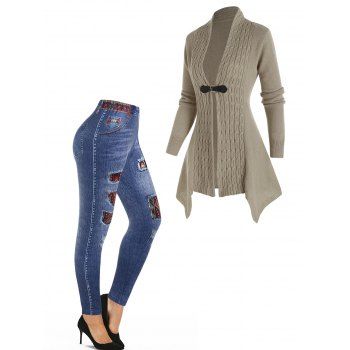 Cable Knit Open Front Buckle Asymmetric Cardigan And Tribal Pattern Faux Denim 3D Print Skinny Jeggings Outfit, Multicolor
Cable Knit Open Front Buckle Asymmetric Cardigan And Tribal Pattern Faux Denim 3D Print Skinny Jeggings Outfit, Multicolor