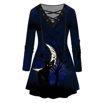 Plus Size T Shirt Halloween Black Cat Tree Moon Galaxy Print Lace Up T-shirt Long Sleeve Curve Tee, Deep blue
Plus Size T Shirt Halloween Black Cat Tree Moon Galaxy Print Lace Up T-shirt Long Sleeve Curve Tee, Deep blue