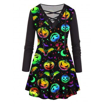 Plus Size T Shirt Pumpkin Bat Mushroom Print Lace Up V Neck Long Sleeve Halloween Tee, Black
Plus Size T Shirt Pumpkin Bat Mushroom Print Lace Up V Neck Long Sleeve Halloween Tee, Black