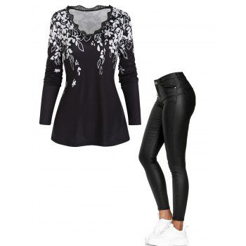 Contrast Flower Leaf Print Lace Trim Raglan Sleeve T Shirt And PU Pants Casual Outfit, Black
Contrast Flower Leaf Print Lace Trim Raglan Sleeve T Shirt And PU Pants Casual Outfit, Black