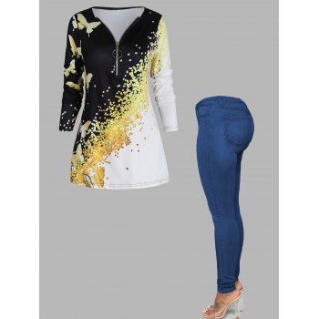Colorblock Butterfly Print Half Zipper T Shirt And Dark Wash Zip Fly Jeans Casual Outfit, Multicolor
Colorblock Butterfly Print Half Zipper T Shirt And Dark Wash Zip Fly Jeans Casual Outfit, Multicolor