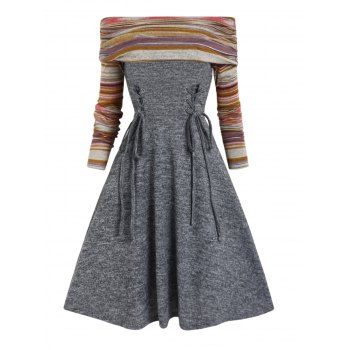 Off The Shoulder A Line Knit Dress Colorful Stripe Panel Foldover Lace Up Knitted Dress, Gray
Off The Shoulder A Line Knit Dress Colorful Stripe Panel Foldover Lace Up Knitted Dress, Gray