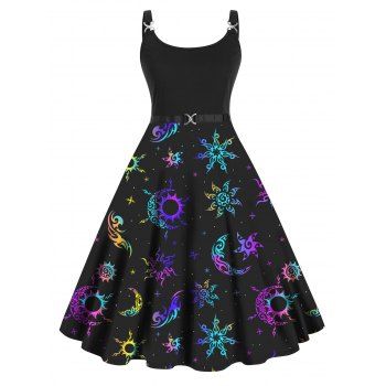 Plus Size Dress Sun Star Print High Waisted Dress Twisted Ring A Line Midi Dress, Black
Plus Size Dress Sun Star Print High Waisted Dress Twisted Ring A Line Midi Dress, Black