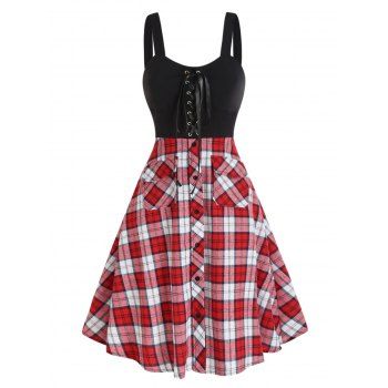 Colorblock Dress Plaid Print Panel Lace Up Front Pocket High Waisted A Line Dress, Red
Colorblock Dress Plaid Print Panel Lace Up Front Pocket High Waisted A Line Dress, Red