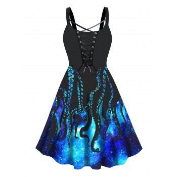 Plus Size Dress Galaxy Octopus Print Lace Up High Waisted A Line Midi Dress, Black
Plus Size Dress Galaxy Octopus Print Lace Up High Waisted A Line Midi Dress, Black