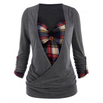

Plus Size T-shirt Plaid Print Crossover Faux Twinset T Shirt Long Sleeve Ruched Bust Twofer Tee, Gray