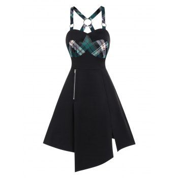 Plaid Print Asymmetric A Line Dress Zipper O Ring High Waist Backless Dress, Black
Plaid Print Asymmetric A Line Dress Zipper O Ring High Waist Backless Dress, Black