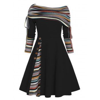 Plus Size Dress Convertible Neck Cinched Colored Striped Print Flare A Line Dress, Black
Plus Size Dress Convertible Neck Cinched Colored Striped Print Flare A Line Dress, Black
