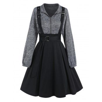 Colorblock Faux Twinset Dress Space Dye Half Zipper Self Belted Long Sleeve A Line Mini Dress, Black
Colorblock Faux Twinset Dress Space Dye Half Zipper Self Belted Long Sleeve A Line Mini Dress, Black