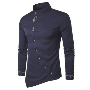 Glitter Embroidery Asymmetric Shirt Oblique Button Down Stand Collar Long Sleeve Shirt, Deep blue
Glitter Embroidery Asymmetric Shirt Oblique Button Down Stand Collar Long Sleeve Shirt, Deep blue