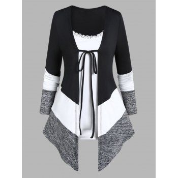 Colorblock Space Dye Print Faux Twinset Top Asymmetric Pointed Hem Lace Trim Tie Knot Long Sleeve Top, Black
Colorblock Space Dye Print Faux Twinset Top Asymmetric Pointed Hem Lace Trim Tie Knot Long Sleeve Top, Black