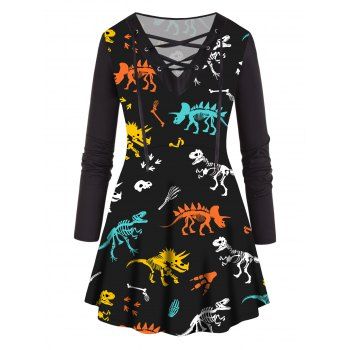Plus Size T Shirt Colored Skeleton Dinasour Lace Up V Neck Long Sleeve Tee, Black
Plus Size T Shirt Colored Skeleton Dinasour Lace Up V Neck Long Sleeve Tee, Black