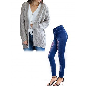 Cable Knit Textured Open Front Long Sleeve Sweater And 3D Faux Denim Print Jeggings Casual Outfit, Multicolor
Cable Knit Textured Open Front Long Sleeve Sweater And 3D Faux Denim Print Jeggings Casual Outfit, Multicolor