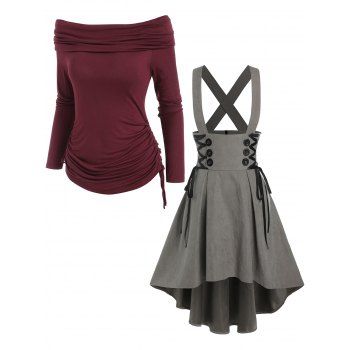 Off Shoulder Foldover Cinched T Shirt And Mock Button Lace Up Suspender High Low Skirt Casual Outfit, Multicolor
Off Shoulder Foldover Cinched T Shirt And Mock Button Lace Up Suspender High Low Skirt Casual Outfit, Multicolor