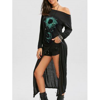 Off The Shoulder Longline Top Celestial Sun Moon Print High Slit Front Long Sleeve Top, Black
Off The Shoulder Longline Top Celestial Sun Moon Print High Slit Front Long Sleeve Top, Black