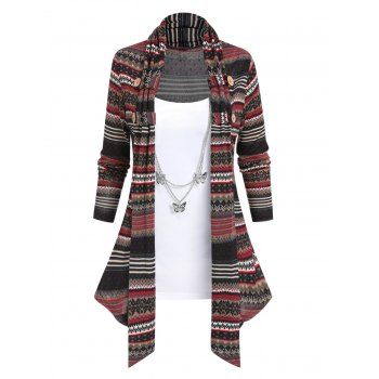 Colorblock Chevron Graphic Faux Twinset Knit Top Mock Button Long Sleeve Asymmetric Knitted Top With Butterfly Chain, Deep coffee
Colorblock Chevron Graphic Faux Twinset Knit Top Mock Button Long Sleeve Asymmetric Knitted Top With Butterfly Chain, Deep coffee