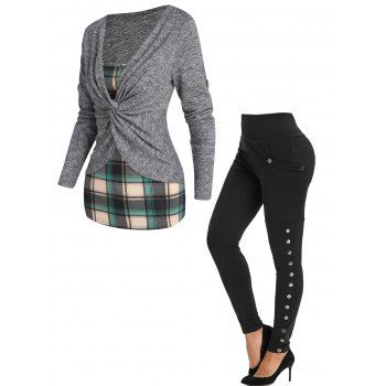 Plaid Print Twisted Long Sleeve Knit Faux Twinset Top And High Rise Pocket Snap Button Leggings Outfit, Multicolor
Plaid Print Twisted Long Sleeve Knit Faux Twinset Top And High Rise Pocket Snap Button Leggings Outfit, Multicolor