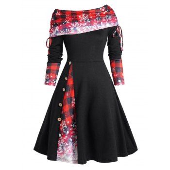 Godet Dress Plaid Snowflake Print Colorblock High Waisted Dress Convertible Neck Cinched A Line Mini Dress, Black
Godet Dress Plaid Snowflake Print Colorblock High Waisted Dress Convertible Neck Cinched A Line Mini Dress, Black