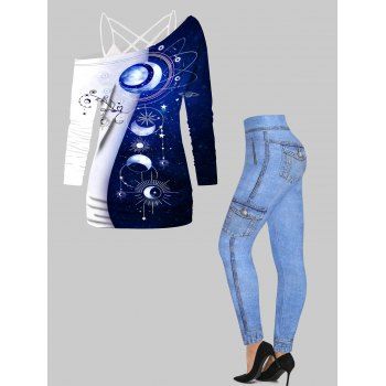 Colorblock Galaxy Moon Phase Sun Print Knit Top Crisscross Camisole And Faux Denim 3D Print Jeggings Casual Outfit, Multicolor
Colorblock Galaxy Moon Phase Sun Print Knit Top Crisscross Camisole And Faux Denim 3D Print Jeggings Casual Outfit, Multicolor