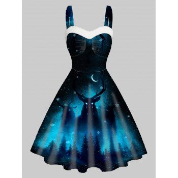 Moon Night Elk Snowflake Allover Print Mini Dress Sleeveless Faux Fur Panel Sweetheart Neck Cami Dress, Blue
Moon Night Elk Snowflake Allover Print Mini Dress Sleeveless Faux Fur Panel Sweetheart Neck Cami Dress, Blue