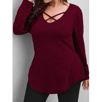 Plus Size T Shirt Plain Color Crisscross Curved Hem V Neck Long Sleeve Tee, Deep red
Plus Size T Shirt Plain Color Crisscross Curved Hem V Neck Long Sleeve Tee, Deep red