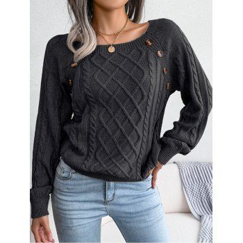 

Cable Knit Sweater Mock Button Raglan Sleeve Crew Neck Pullover Sweater, Black