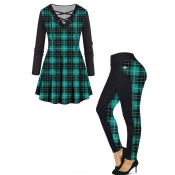 Plus Size Plaid Print Lace Up T Shirt And High Waisted Leggings Christmas Outfit, Green
Plus Size Plaid Print Lace Up T Shirt And High Waisted Leggings Christmas Outfit, Green