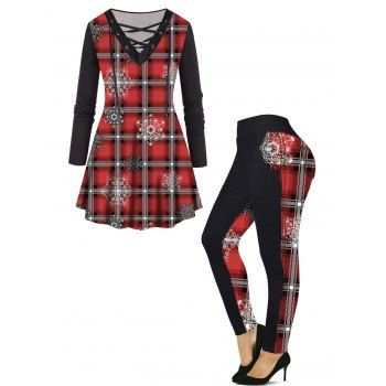 Plus Size Christmas Plaid Snowflake Print Lace Up Full Sleeve Long T Shirt And High Waist Skinny Leggings Outfit, Red
Plus Size Christmas Plaid Snowflake Print Lace Up Full Sleeve Long T Shirt And High Waist Skinny Leggings Outfit, Red