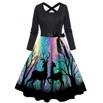 Christmas Elk Galayx Print Long Sleeve Dress Cross Back Bowknot A Line Dress, Multicolor
Christmas Elk Galayx Print Long Sleeve Dress Cross Back Bowknot A Line Dress, Multicolor