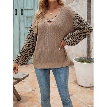 Textured Sweater Leopared Pattern Sleeve Crisscross V Neck Long Sleeve Sweater, Multicolor 
Textured Sweater Leopared Pattern Sleeve Crisscross V Neck Long Sleeve Sweater, Multicolor