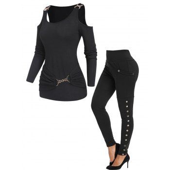 Cold Shoulder Chain Embellishment T Shirt And Pocket Snap Button Side Leggings Casual Outfit, Black
Cold Shoulder Chain Embellishment T Shirt And Pocket Snap Button Side Leggings Casual Outfit, Black