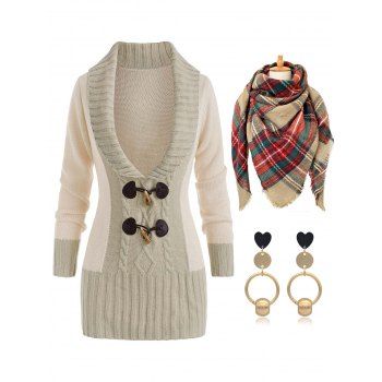 Colorblock Horn Button Sweater And Plaid Print Shawl Scarf Heart Geometric Earrings Casual Outfit, Multicolor
Colorblock Horn Button Sweater And Plaid Print Shawl Scarf Heart Geometric Earrings Casual Outfit, Multicolor