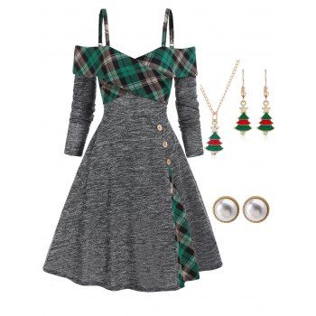 Plaid Space Dye Crossover Knit A Line Dress And Christmas Tree Necklace Earrings Set Casual Outfit, Gray
Plaid Space Dye Crossover Knit A Line Dress And Christmas Tree Necklace Earrings Set Casual Outfit, Gray