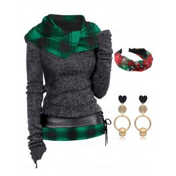 Plaid Hooded Knit Top With Lace-up Belt And Snowflake Knotted Hairband Heart Geometric Earrings Casual Outfit, Gray
Plaid Hooded Knit Top With Lace-up Belt And Snowflake Knotted Hairband Heart Geometric Earrings Casual Outfit, Gray