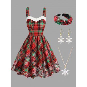 Snowflake Plaid Print Faux Fur Panel Mini Dress And Necklace Earrings Set Hairband Christmas Outfit, Red
Snowflake Plaid Print Faux Fur Panel Mini Dress And Necklace Earrings Set Hairband Christmas Outfit, Red