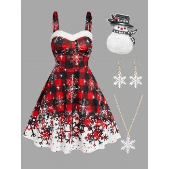 Plus Size Christmas Plaid Print Faux Fur Panel A Line Dress And Cute Snowman Brooch Snowflake Necklace Earrings Set, Red
Plus Size Christmas Plaid Print Faux Fur Panel A Line Dress And Cute Snowman Brooch Snowflake Necklace Earrings Set, Red