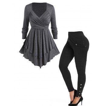 Plus Size Outfit Heather Surplice Layered Pleated Long Sleeve Top And Wide Elastic Waist Snap Buttons Skinny Pants Set, Multicolor
Plus Size Outfit Heather Surplice Layered Pleated Long Sleeve Top And Wide Elastic Waist Snap Buttons Skinny Pants Set, Multicolor