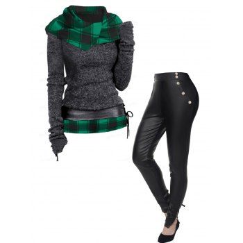 Plaid Print Surplice Hood Knit Top With Lace-up Belt And Zip Hem Faux Leather Mock Button Pencil Pants Casual Outfit, Multicolor
Plaid Print Surplice Hood Knit Top With Lace-up Belt And Zip Hem Faux Leather Mock Button Pencil Pants Casual Outfit, Multicolor