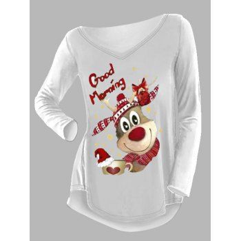 Christmas Cute Cartoon Elk Graphic T-shirt Long Sleeve V Neck Curve Hem Tee, White
Christmas Cute Cartoon Elk Graphic T-shirt Long Sleeve V Neck Curve Hem Tee, White