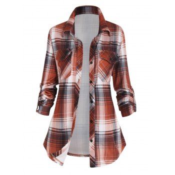 Plaid Print Shirt Pocket Patches Button Up Curved Hem Long Sleeve Shirt, Dark orange
Plaid Print Shirt Pocket Patches Button Up Curved Hem Long Sleeve Shirt, Dark orange