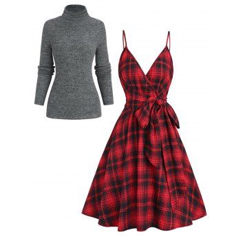 Heather Mock Neck T Shirt And Plaid Print Surplice Belted High Waisted A Line Mini Dress Set, Deep red
Heather Mock Neck T Shirt And Plaid Print Surplice Belted High Waisted A Line Mini Dress Set, Deep red