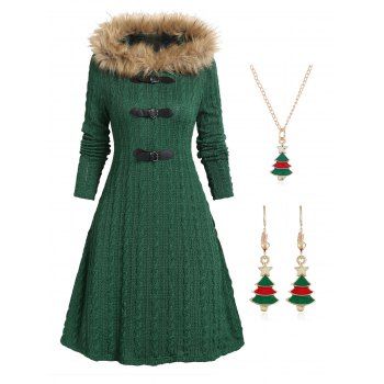 Cable Knit Buckle Faux Fur Panel Sweater Hooded Dress And Necklace Earrings Christmas Outfit, Deep green
Cable Knit Buckle Faux Fur Panel Sweater Hooded Dress And Necklace Earrings Christmas Outfit, Deep green