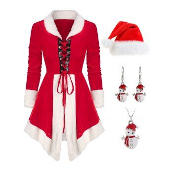 Fluffy Panel Colorblock Flare Dress And Rhinestone Snowman Necklace Earrings Set Hat Christmas Outfit, Red
Fluffy Panel Colorblock Flare Dress And Rhinestone Snowman Necklace Earrings Set Hat Christmas Outfit, Red