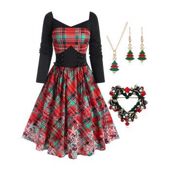 

Snowflake Print Checked Lace-up Dress And Christmas Tree Necklace Earrings Set Rhinestone Heart Brooch Xmas Outfit, Red