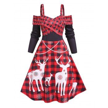 Christmas Elk Snowflake Plaid Print Dress Cold Shoulder Foldover Crossover Long Sleeve A Line Dress, Black
Christmas Elk Snowflake Plaid Print Dress Cold Shoulder Foldover Crossover Long Sleeve A Line Dress, Black