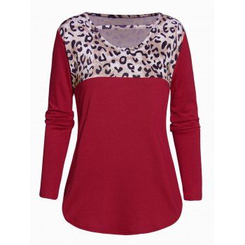 

Leopard Print Spliced Long Sleeve T-shirt Curved Hem Cut Out Detail Tee, Multicolor